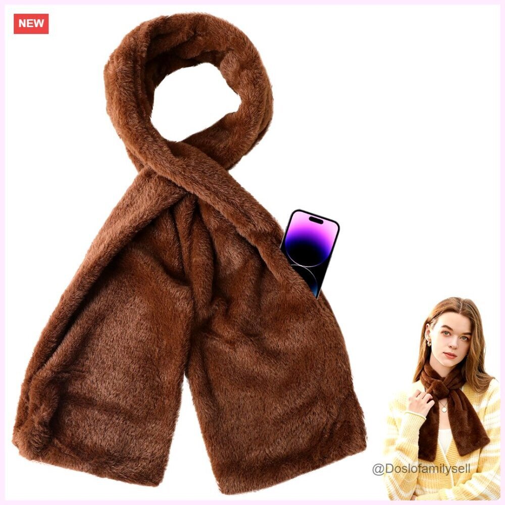 Faux Fur Scarf with Hidden Zipper Pocket, Cozy Winter Wrap for Women